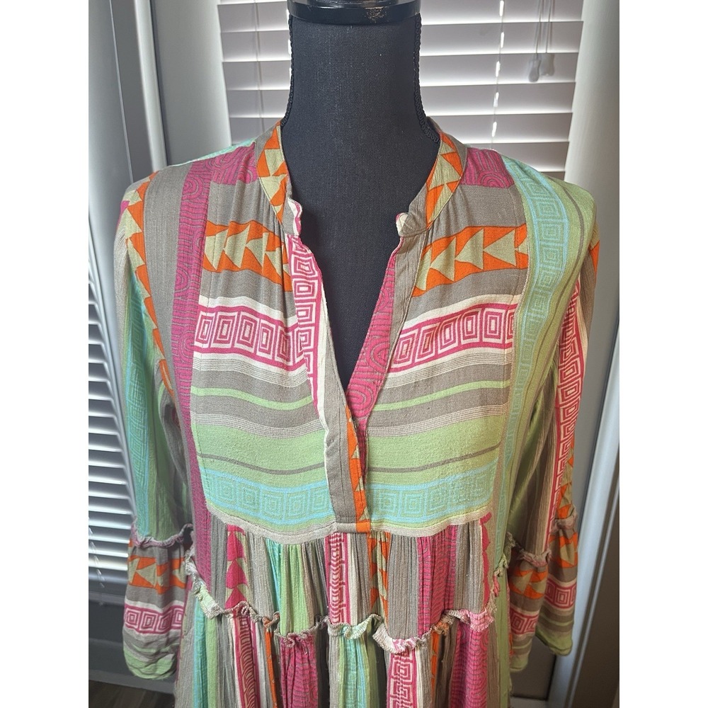 Elan Boho Tiered Babydoll Dress S Bell Sleeve Geo Print Multicolor Festival - Picture 8 of 15